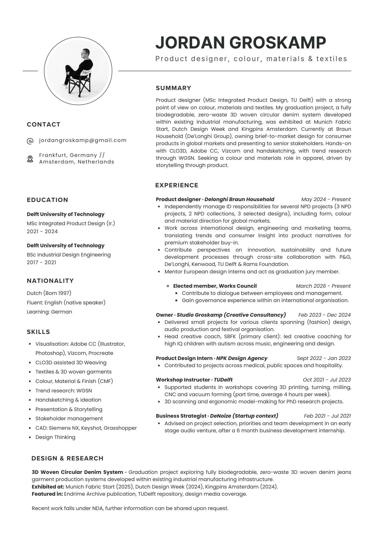 One-page CV of Jordan Groskamp